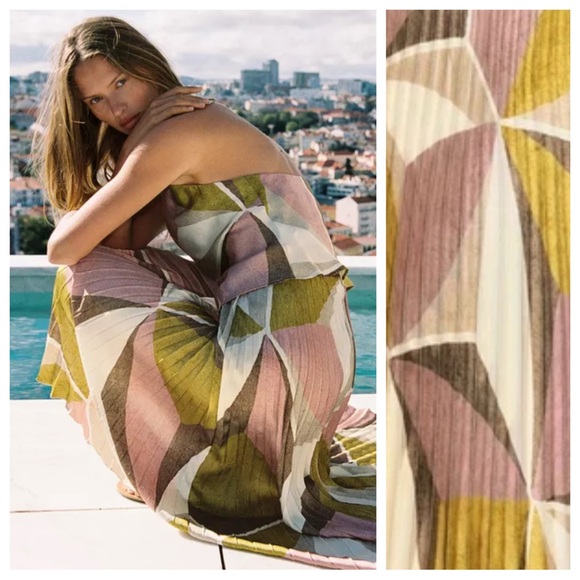 NWOT. Zara Multicolored Geometric Print Pleated Midi Skirt. Size XS. - Picture 5 of 9